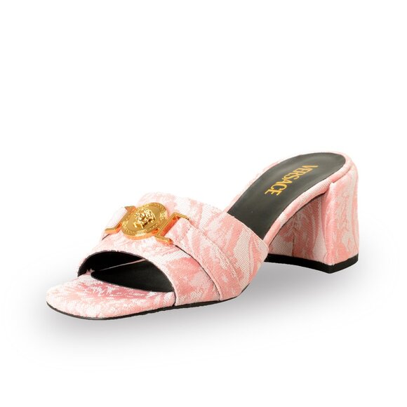 Versace Women's Baby Pink Gold Medusa Jacquard Sandals Mules Shoes US 11 IT 41